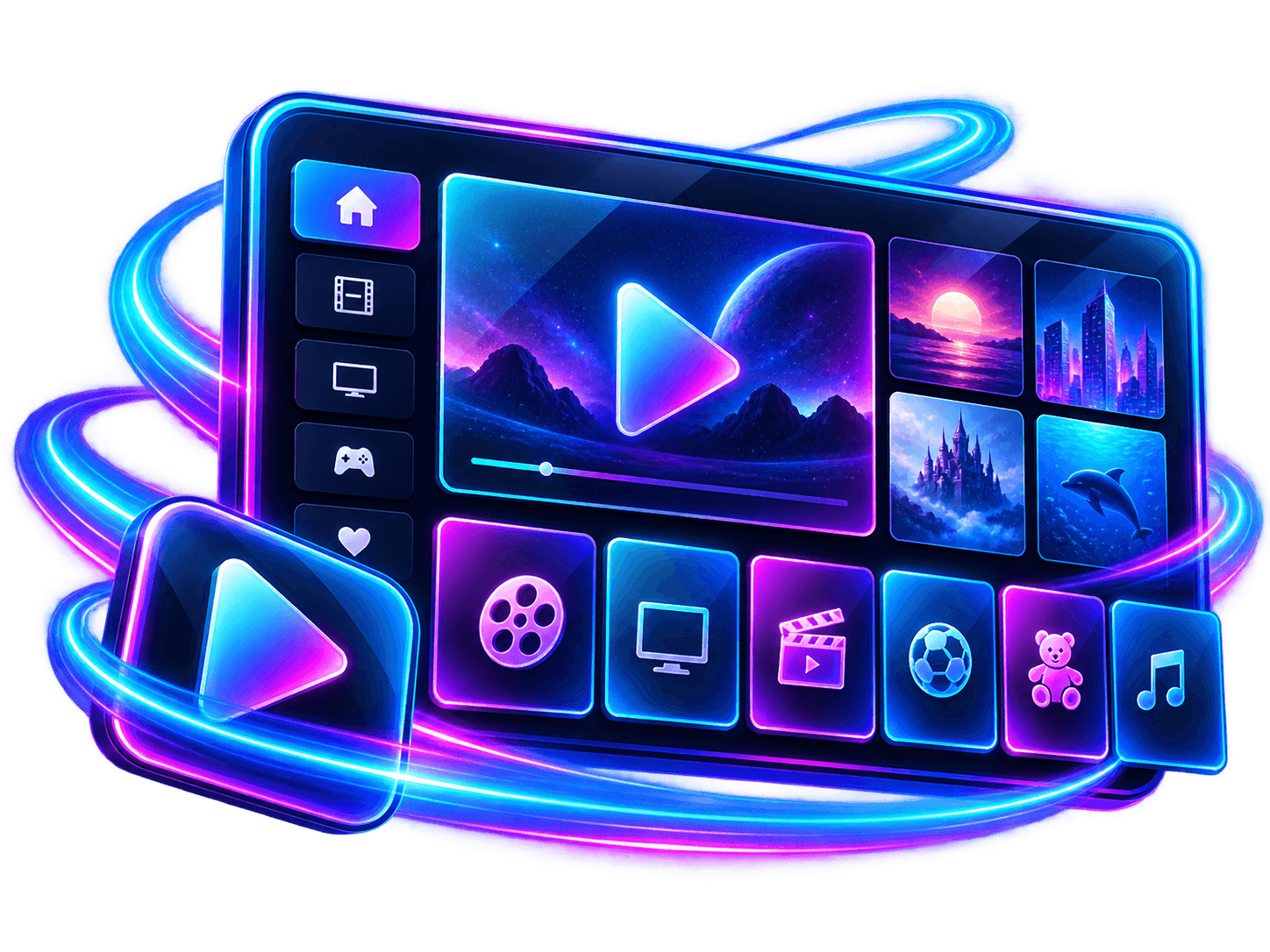Interface de l’application : lecteur vidéo, vignettes et catégories films, TV en direct, cinéma, sport, jeunesse et musique